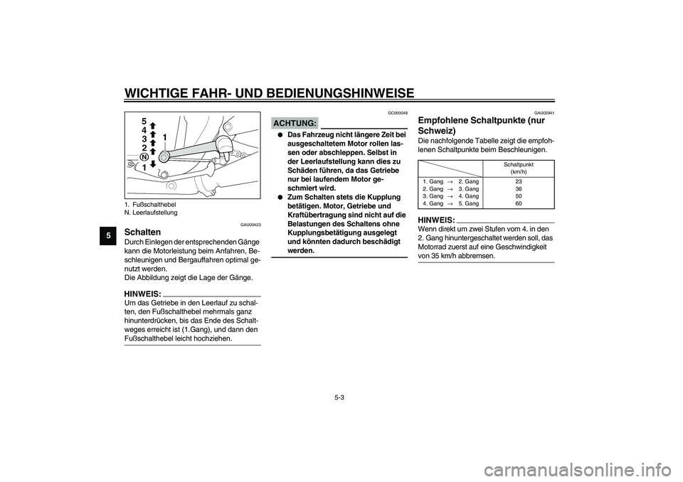 YAMAHA XJR 1300 2003 Betriebsanleitungen (in German) WICHTIGE FAHR- UND BEDIENUNGSHINWEISE
5-3
5
GAU00423
Schalten Durch Einlegen der entsprechenden Gänge
kann die Motorleistung beim Anfahren, Be-
schleunigen und Bergauffahren optimal ge-
nutzt werden YAMAHA XJR 1300 2003 Betriebsanleitungen (in German) WICHTIGE FAHR- UND BEDIENUNGSHINWEISE
5-3
5
GAU00423
Schalten Durch Einlegen der entsprechenden Gänge
kann die Motorleistung beim Anfahren, Be-
schleunigen und Bergauffahren optimal ge-
nutzt werden