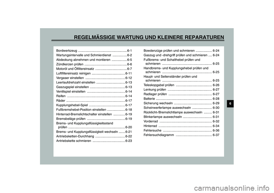 YAMAHA XJR 1300 2003 Betriebsanleitungen (in German) REGELMÄSSIGE WARTUNG UND KLEINERE REPARATUREN
6
Bordwerkzeug ...................................................... 6-1
Wartungsintervalle und Schmierdienst ................ 6-2
Abdeckung abnehmen u YAMAHA XJR 1300 2003 Betriebsanleitungen (in German) REGELMÄSSIGE WARTUNG UND KLEINERE REPARATUREN
6
Bordwerkzeug ...................................................... 6-1
Wartungsintervalle und Schmierdienst ................ 6-2
Abdeckung abnehmen u