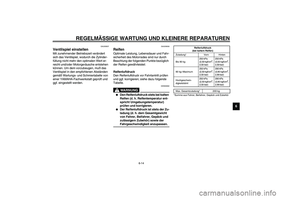 YAMAHA XJR 1300 2003 Betriebsanleitungen (in German) REGELMÄSSIGE WARTUNG UND KLEINERE REPARATUREN
6-14
6
GAU00637
Ventilspiel einstellen Mit zunehmender Betriebszeit verändert
sich das Ventilspiel, wodurch die Zylinder-
füllung nicht mehr den optim YAMAHA XJR 1300 2003 Betriebsanleitungen (in German) REGELMÄSSIGE WARTUNG UND KLEINERE REPARATUREN
6-14
6
GAU00637
Ventilspiel einstellen Mit zunehmender Betriebszeit verändert
sich das Ventilspiel, wodurch die Zylinder-
füllung nicht mehr den optim