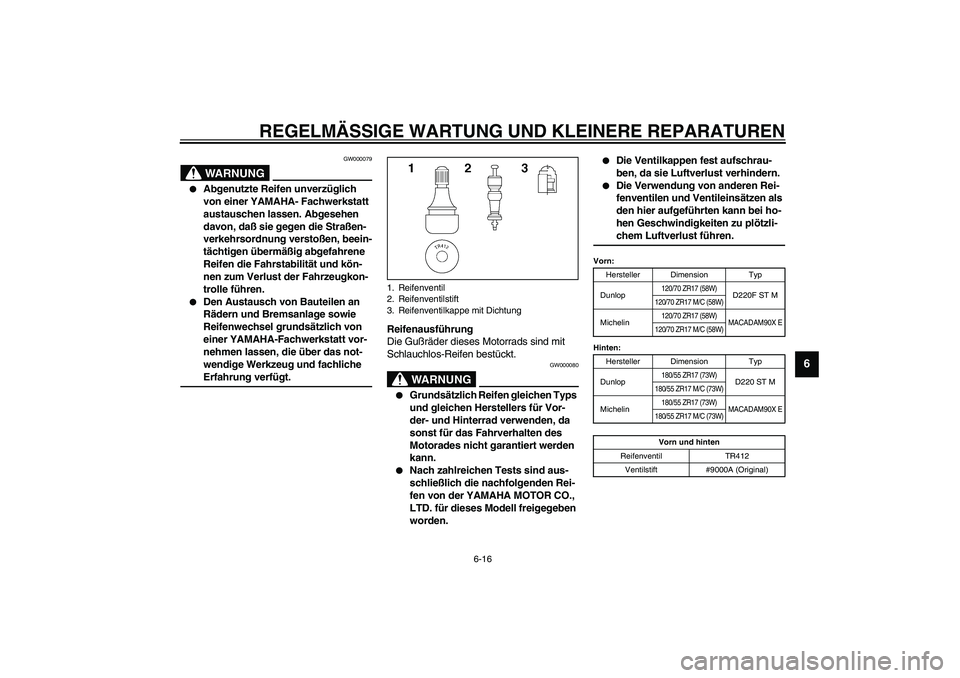 YAMAHA XJR 1300 2003 Betriebsanleitungen (in German) REGELMÄSSIGE WARTUNG UND KLEINERE REPARATUREN
6-16
6
GW000079
WARNUNG
_
Abgenutzte Reifen unverzüglich
von einer YAMAHA- Fachwerkstatt
austauschen lassen. Abgesehen
davon, daß sie gegen die St YAMAHA XJR 1300 2003 Betriebsanleitungen (in German) REGELMÄSSIGE WARTUNG UND KLEINERE REPARATUREN
6-16
6
GW000079
WARNUNG
_
Abgenutzte Reifen unverzüglich
von einer YAMAHA- Fachwerkstatt
austauschen lassen. Abgesehen
davon, daß sie gegen die St