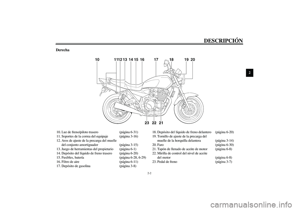 YAMAHA XJR 1300 2003  Manuale de Empleo (in Spanish) DESCRIPCIÓN
2-2
2
Derecha10. Luz de freno/piloto trasero (página 6-31)
11. Soportes de la correa del equipaje (página 3-16)
12. Aros de ajuste de la precarga del muelle 
del conjunto amortiguador (