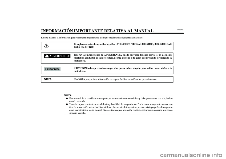 YAMAHA XJR 1300 2003  Manuale de Empleo (in Spanish) SAU00005
INFORMACIÓN IMPORTANTE RELATIVA AL MANUALEn este manual, la información particularmente importante se distingue mediante las siguientes anotaciones:
El símbolo de aviso de seguridad signif