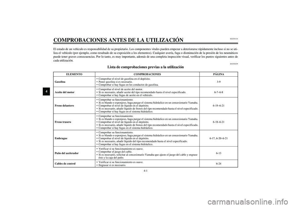 YAMAHA XJR 1300 2003  Manuale de Empleo (in Spanish) 4-1
4
SAU01114
4-COMPROBACIONES ANTES DE LA UTILIZACIÓNEl estado de un vehículo es responsabilidad de su propietario. Los componentes vitales pueden empezar a deteriorarse rápidamente incluso si no