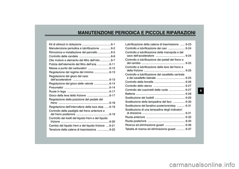 YAMAHA XJR 1300 2003 Manuale duso (in Italian) MANUTENZIONE PERIODICA E PICCOLE RIPARAZIONI
6
Kit di attrezzi in dotazione .................................... 6-1
Manutenzione periodica e lubrificazione ............. 6-2
Rimozione e installazion YAMAHA XJR 1300 2003 Manuale duso (in Italian) MANUTENZIONE PERIODICA E PICCOLE RIPARAZIONI
6
Kit di attrezzi in dotazione .................................... 6-1
Manutenzione periodica e lubrificazione ............. 6-2
Rimozione e installazion