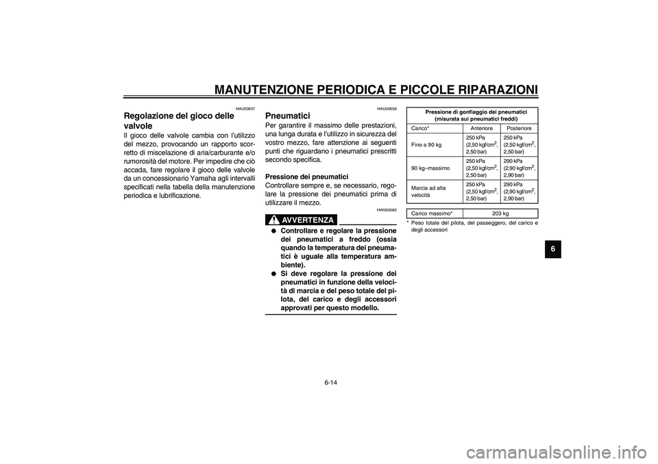 YAMAHA XJR 1300 2003 Manuale duso (in Italian) MANUTENZIONE PERIODICA E PICCOLE RIPARAZIONI
6-14
6
HAU00637
Regolazione del gioco delle
valvole Il gioco delle valvole cambia con l’utilizzo
del mezzo, provocando un rapporto scor-
retto di miscel YAMAHA XJR 1300 2003 Manuale duso (in Italian) MANUTENZIONE PERIODICA E PICCOLE RIPARAZIONI
6-14
6
HAU00637
Regolazione del gioco delle
valvole Il gioco delle valvole cambia con l’utilizzo
del mezzo, provocando un rapporto scor-
retto di miscel