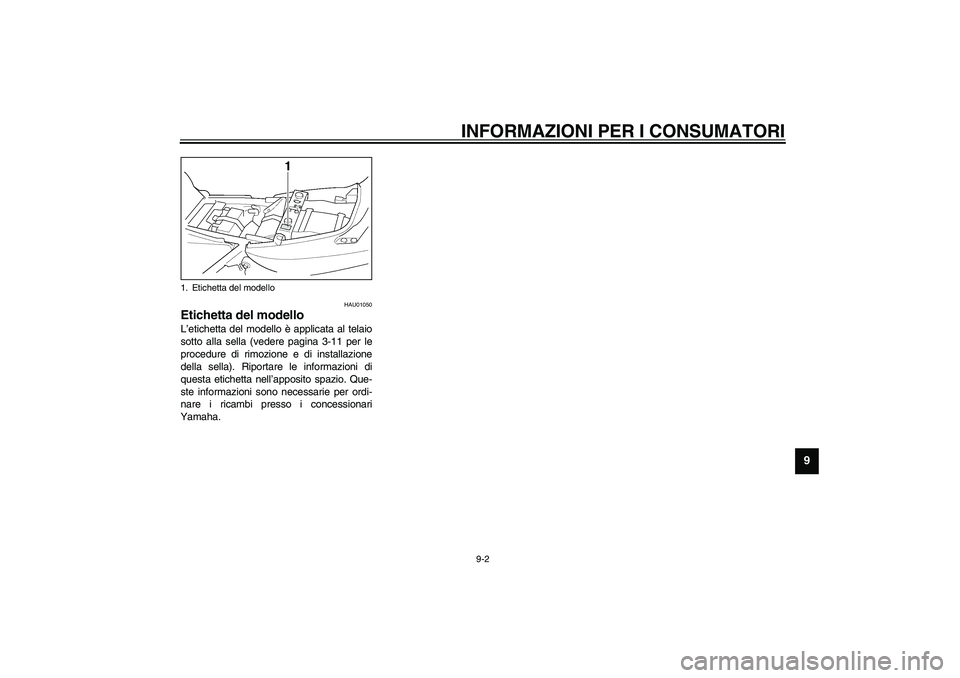 YAMAHA XJR 1300 2003  Manuale duso (in Italian) INFORMAZIONI PER I CONSUMATORI
9-2
9
HAU01050
Etichetta del modello L’etichetta del modello è applicata al telaio
sotto alla sella (vedere pagina 3-11 per le
procedure di rimozione e di installazio