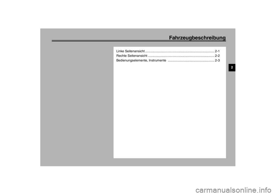 YAMAHA XJR 1300 2002  Betriebsanleitungen (in German) Fahrzeugbeschreibung
2
Linke Seitenansicht ............................................................................ 2-1
Rechte Seitenansicht .......................................................