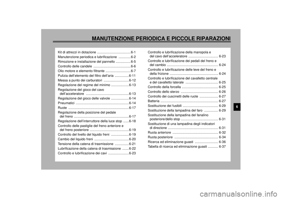 YAMAHA XJR 1300 2001 Manuale duso (in Italian) MANUTENZIONE PERIODICA E PICCOLE RIPARAZIONI
6
Kit di attrezzi in dotazione .................................... 6-1
Manutenzione periodica e lubrificazione ............. 6-2
Rimozione e installazion YAMAHA XJR 1300 2001 Manuale duso (in Italian) MANUTENZIONE PERIODICA E PICCOLE RIPARAZIONI
6
Kit di attrezzi in dotazione .................................... 6-1
Manutenzione periodica e lubrificazione ............. 6-2
Rimozione e installazion