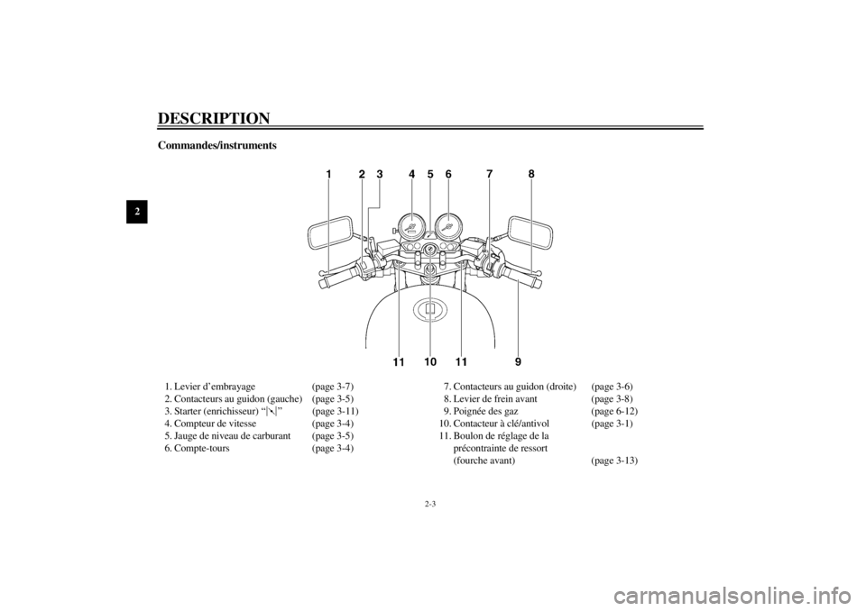 YAMAHA XJR 1300 2000  Notices Demploi (in French) DESCRIPTION
2-3
2
Commandes/instruments1. Levier d’embrayage (page 3-7)
2. Contacteurs au guidon (gauche) (page 3-5)
3. Starter (enrichisseur) “ ” (page 3-11)
4. Compteur de vitesse (page 3-4)
5