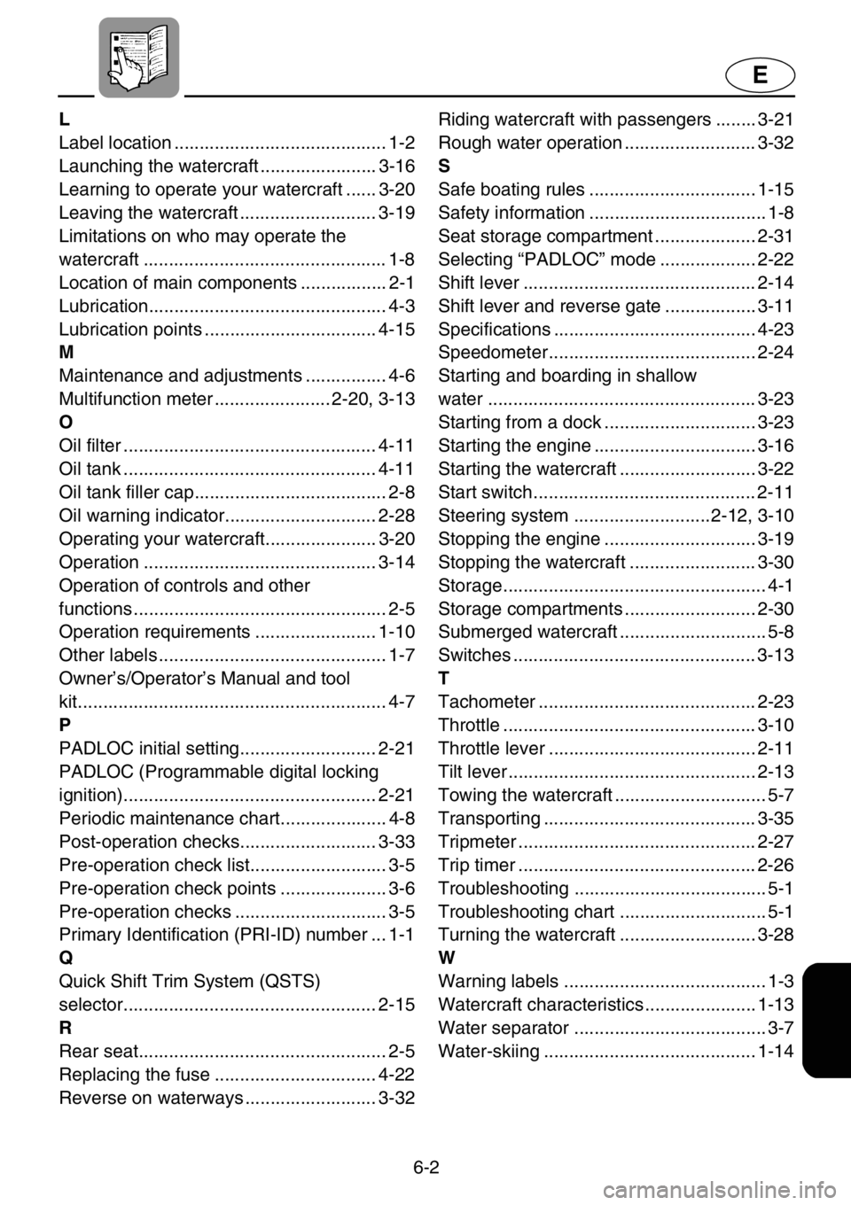 YAMAHA XL 1200 2001  Owners Manual 6-2
E
L
Label location .......................................... 1-2
Launching the watercraft ....................... 3-16
Learning to operate your watercraft ...... 3-20
Leaving the watercraft .....