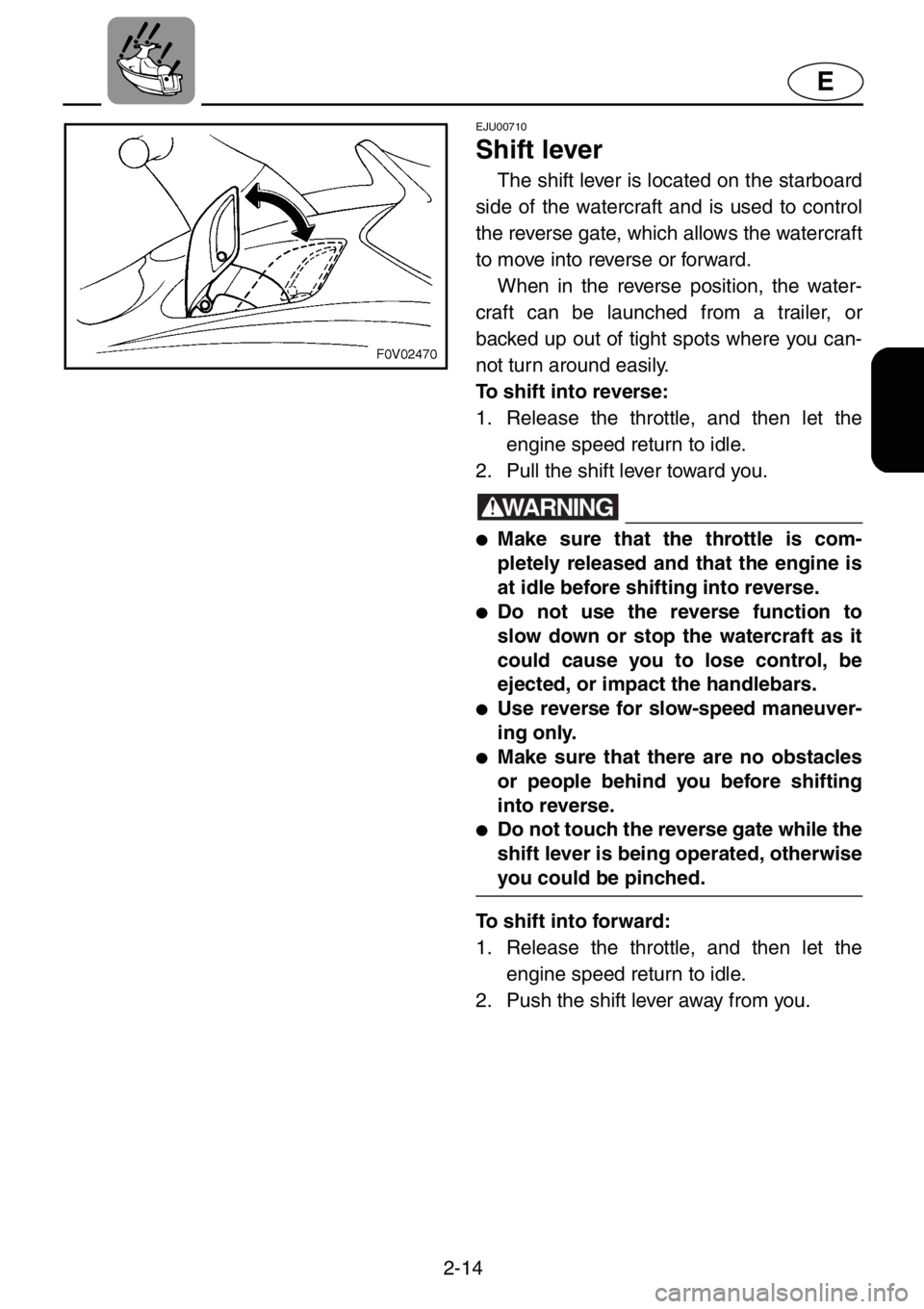 YAMAHA XL 1200 2001  Owners Manual 2-14
E
EJU00710
Shift lever
The shift lever is located on the starboard
side of the watercraft and is used to control
the reverse gate, which allows the watercraft
to move into reverse or forward. 
Wh