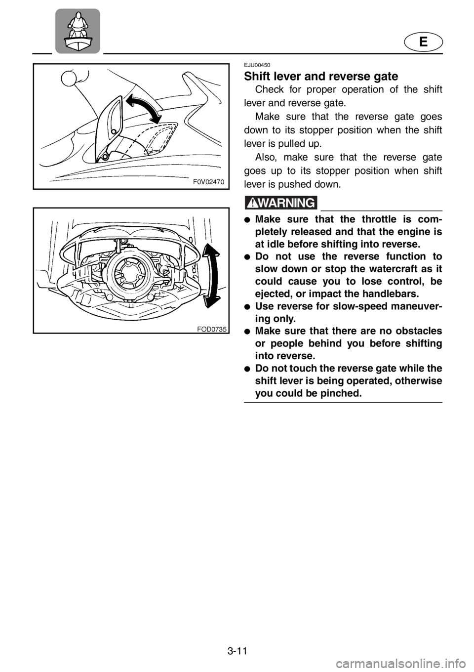 YAMAHA XL 1200 2001  Owners Manual 3-11
E
EJU00450
Shift lever and reverse gate
Check for proper operation of the shift
lever and reverse gate.
Make sure that the reverse gate goes
down to its stopper position when the shift
lever is p