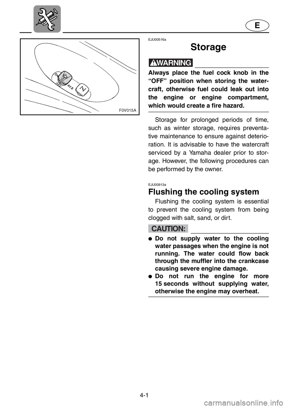 YAMAHA XL 1200 2001  Owners Manual 4-1
E
EJU00516a
Storage
WARNING
Always place the fuel cock knob in the
“OFF” position when storing the water-
craft, otherwise fuel could leak out into
the engine or engine compartment,
which woul