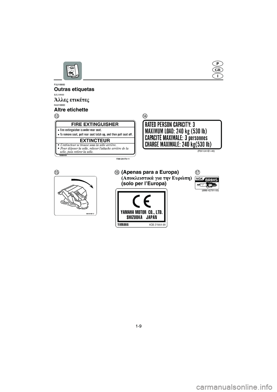 YAMAHA XL 700 2005  Manual de utilização (in Portuguese) 1-9
GR
P
I
PJU19900
Outras etiquetas 
RJU19900
Άλλες ετικέτες HJU19900
Altre etichette 
CD
EF G(Apenas para a Europa)
(Αποκλειστικά για την Ευρώπη)
(solo per l’E