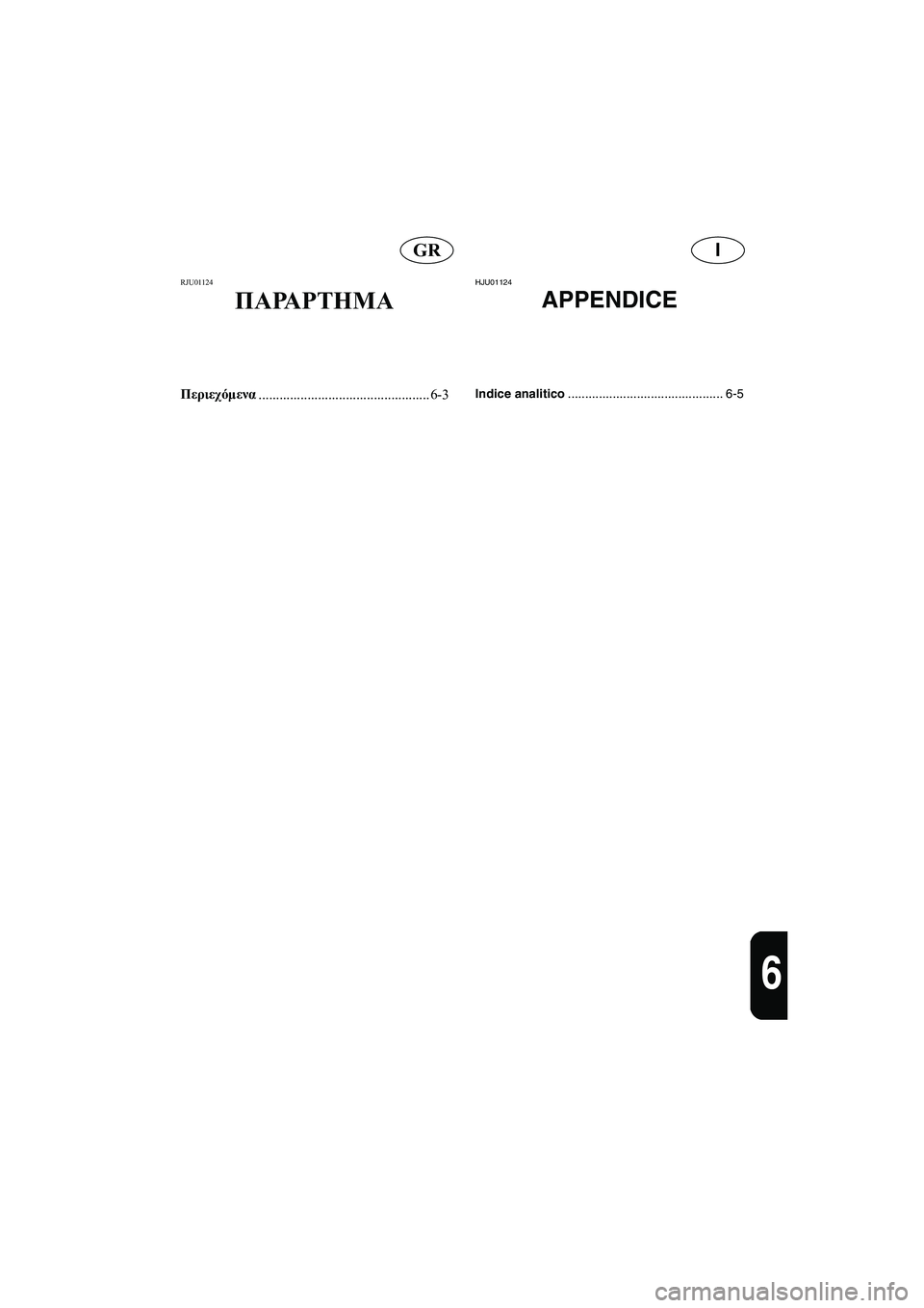 YAMAHA XL 700 2005  Manual de utilização (in Portuguese) IGR
6
RJU01124 
ΠΑΡΑΡΤΗΜΑ
Περιεχόμενα
................................................. 6-3
HJU01124 
APPENDICE
Indice analitico............................................. 6-5
B_