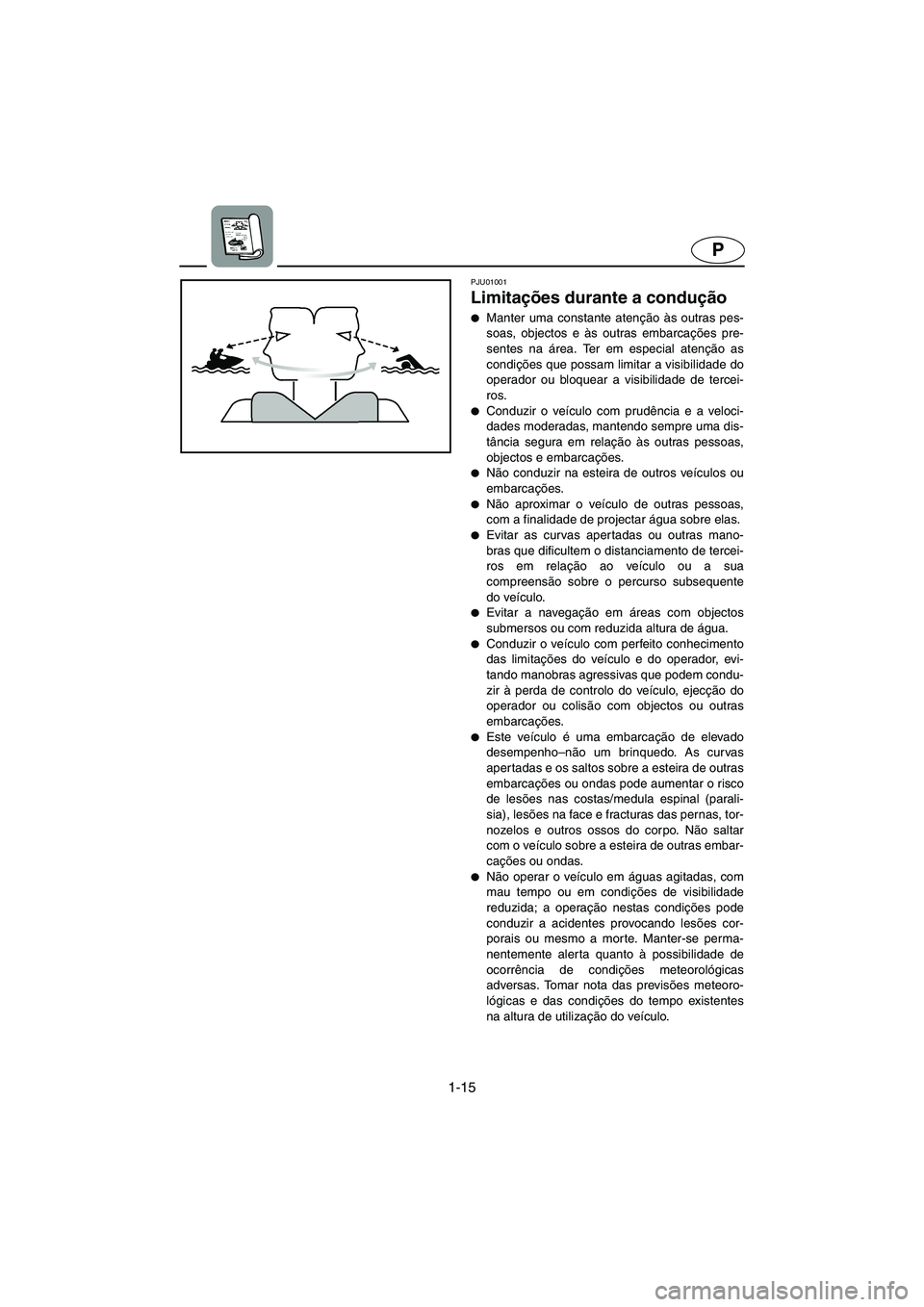 YAMAHA XL 700 2005 Manual de utilização (in Portuguese) 1-15
P
PJU01001
Limitações durante a condução
Manter uma constante atenção às outras pes-
soas, objectos e às outras embarcações pre-
sentes na área. Ter em especial atenção as
condi YAMAHA XL 700 2005 Manual de utilização (in Portuguese) 1-15
P
PJU01001
Limitações durante a condução
Manter uma constante atenção às outras pes-
soas, objectos e às outras embarcações pre-
sentes na área. Ter em especial atenção as
condi
