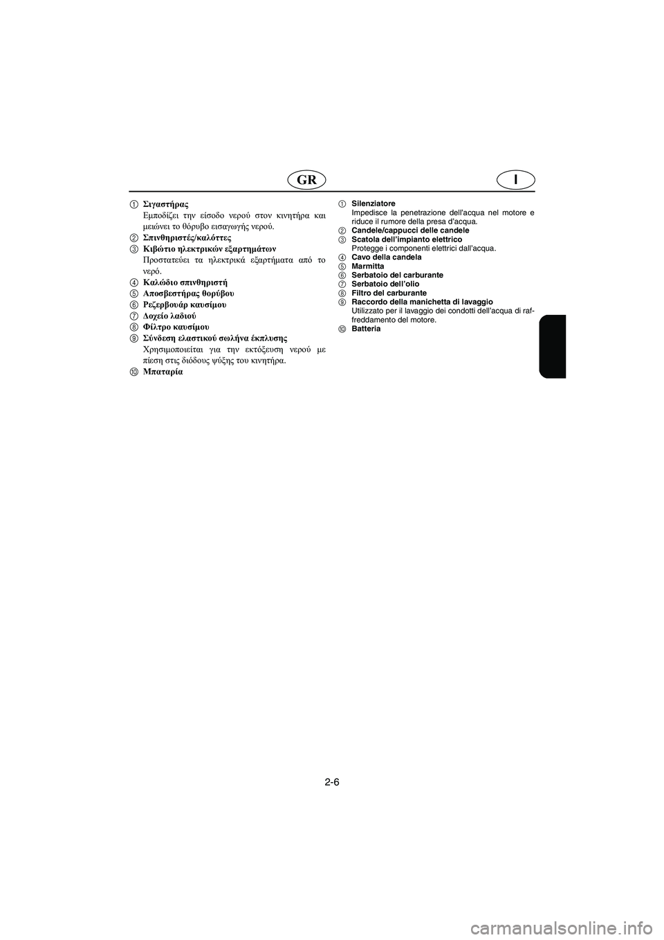 YAMAHA XL 700 2005  Manual de utilização (in Portuguese) 2-6
IGR
1Σιγαστήρας 
Εμποδίζει την είσοδο νερού στον κινητήρα και
μειώνει το θόρυβο εισαγωγής νερού. 
2Σπινθηριστ
