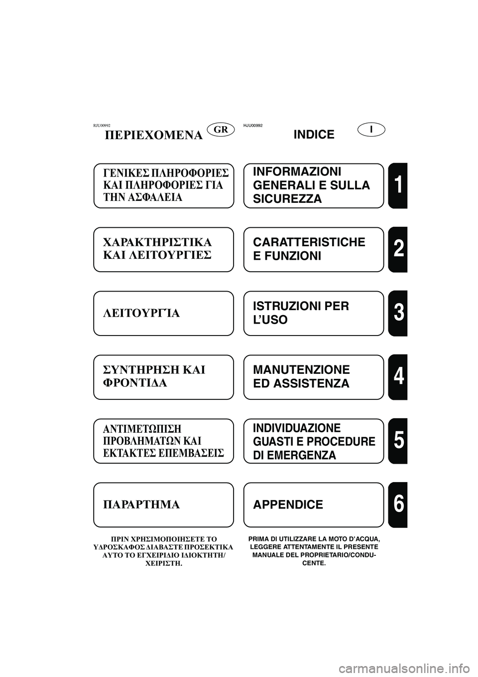 YAMAHA XL 700 2005  Manual de utilização (in Portuguese) GRIRJU00992 
ΠΕΡΙΕΧΟΜΕΝΑ
ΠΡΙΝ ΧΡΗΣΙΜΟΠΟΙΗΣΕΤΕ ΤΟ 
ΥΔΡΟΣΚΑΦΟΣ ΔΙΑΒΑΣΤΕ ΠΡΟΣΕΚΤΙΚΑ 
ΑΥΤΟ ΤΟ ΕΓΧΕΙΡΙΔΙΟ ΙΔΙΟΚΤΗΤΗ/
Χ