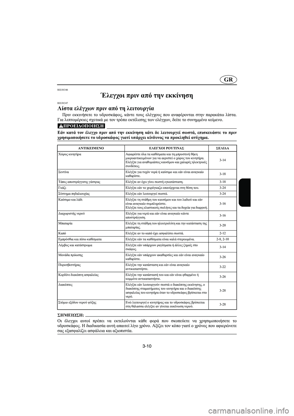 YAMAHA XL 700 2005 Manual de utilização (in Portuguese) 3-10
GR
RJU01346
Έλεγχοι πριν από την εκκίνηση
RJU01347
Λίστα ελέγχων πριν από τη λειτουργία
Πριν εκκινήσετε το υδροσ YAMAHA XL 700 2005 Manual de utilização (in Portuguese) 3-10
GR
RJU01346
Έλεγχοι πριν από την εκκίνηση
RJU01347
Λίστα ελέγχων πριν από τη λειτουργία
Πριν εκκινήσετε το υδροσ