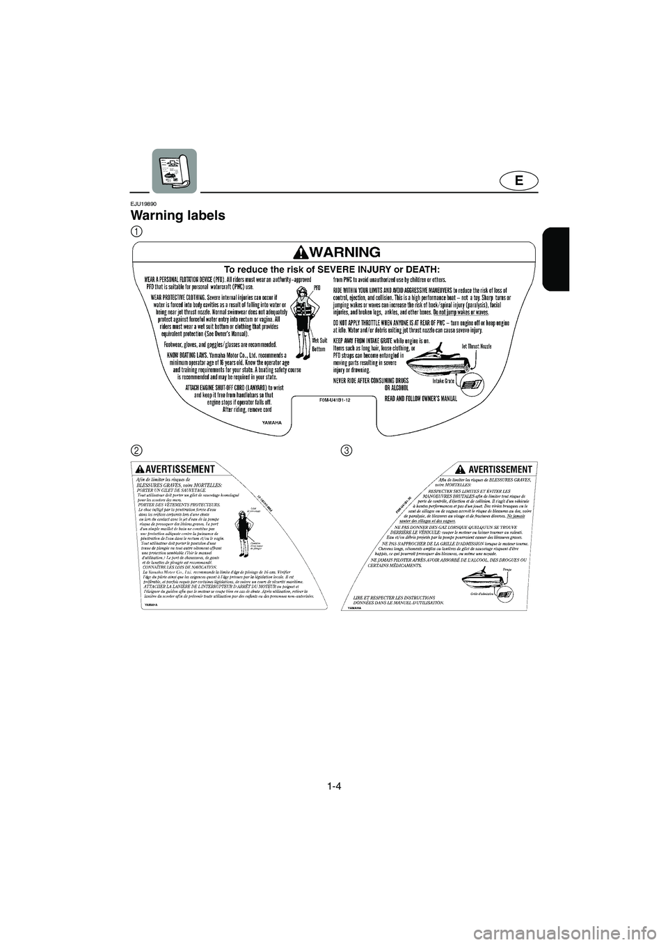 YAMAHA XL 700 2004  Owners Manual 1-4
E
EJU19890
Warning labels 
1
2
3
UF0M75.book  Page 4  Thursday, May 29, 2003  9:53 AM 