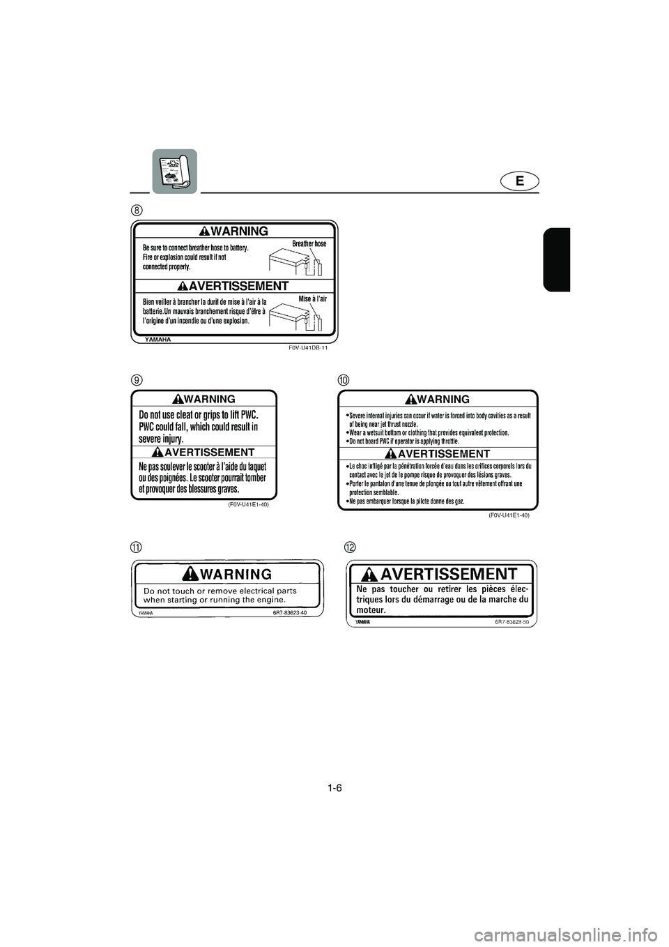 YAMAHA XL 700 2004  Owners Manual 1-6
E
9
8
0
AB
UF0M75.book  Page 6  Thursday, May 29, 2003  9:53 AM 