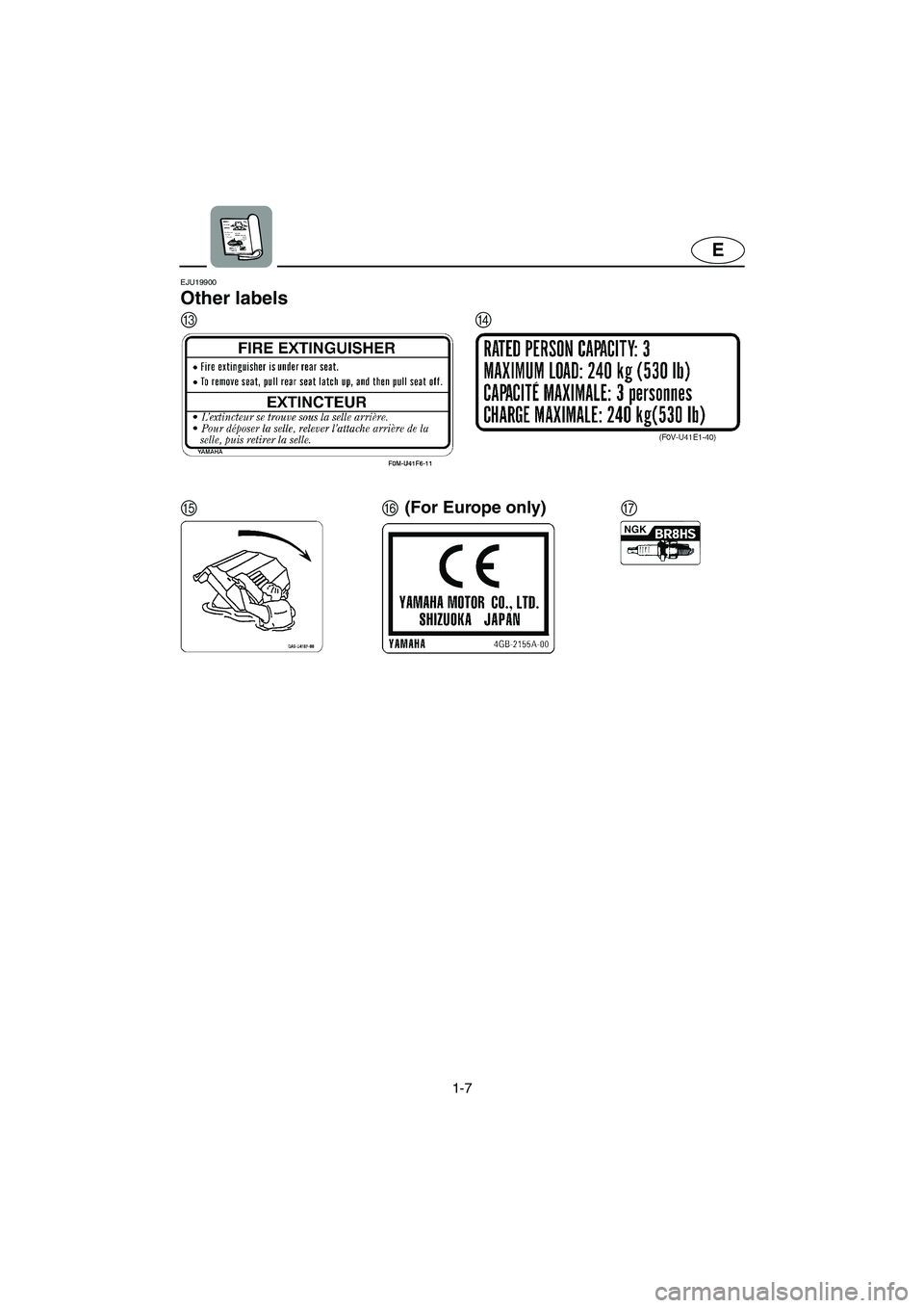 YAMAHA XL 700 2004  Owners Manual 1-7
E
EJU19900
Other labels 
F
CD
EG(For Europe only)
UF0M75.book  Page 7  Thursday, May 29, 2003  9:53 AM 