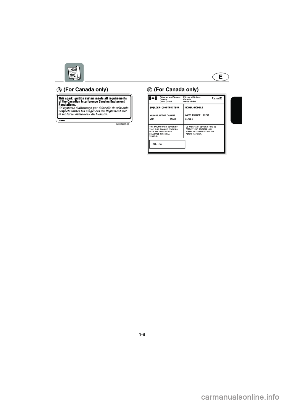 YAMAHA XL 700 2004  Owners Manual 1-8
E
HI(For Canada only) (For Canada only)
UF0M75.book  Page 8  Thursday, May 29, 2003  9:53 AM 