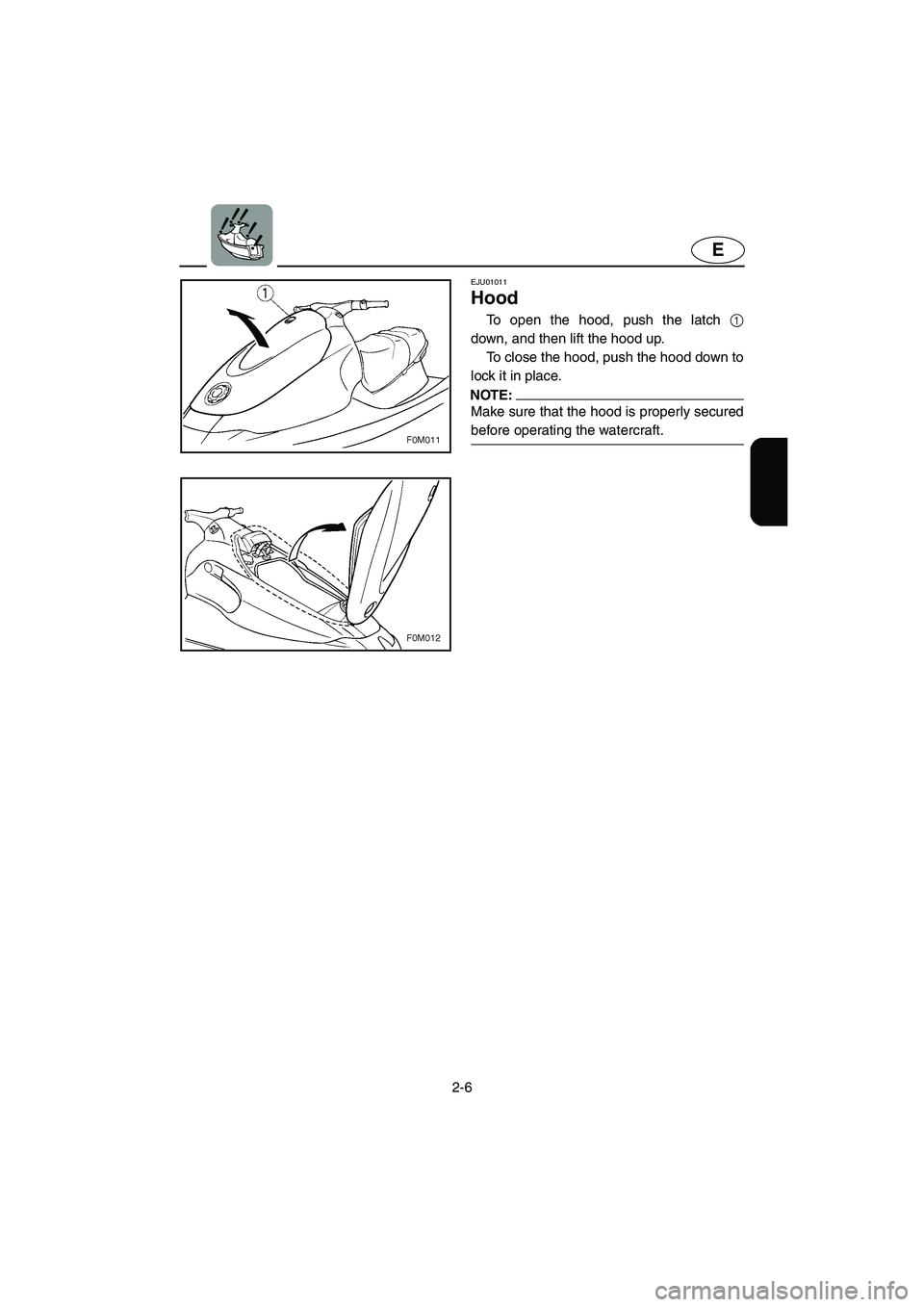 YAMAHA XL 700 2004  Owners Manual 2-6
E
EJU01011 
Hood  
To open the hood, push the latch 1
down, and then lift the hood up. 
To close the hood, push the hood down to
lock it in place. 
NOTE:@ Make sure that the hood is properly secur