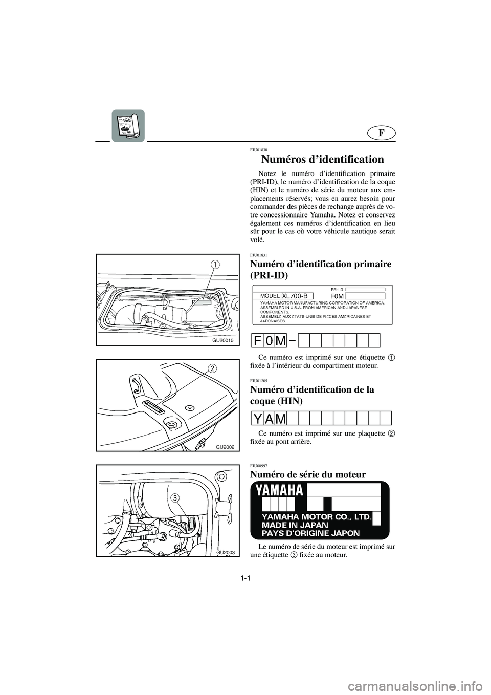 YAMAHA XL 700 2003  Manuale de Empleo (in Spanish) 1-1
F
FJU01830 
Numéros d’identification  
Notez le numéro d’identification primaire
(PRI-ID), le numéro d’identification de la coque
(HIN) et le numéro de série du moteur aux em-
placement