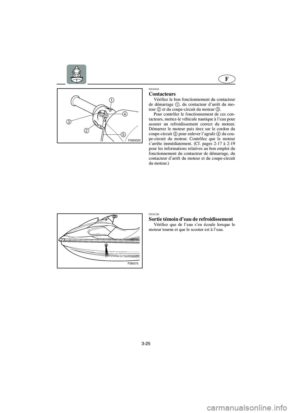 YAMAHA XL 700 2003  Manuale de Empleo (in Spanish) 3-25
F
FJU01835 
Contacteurs  
Vérifiez le bon fonctionnement du contacteur
de démarrage 1
, du contacteur d’arrêt du mo-
teur 2
 et du coupe-circuit du moteur 3
. 
Pour contrôler le fonctionnem