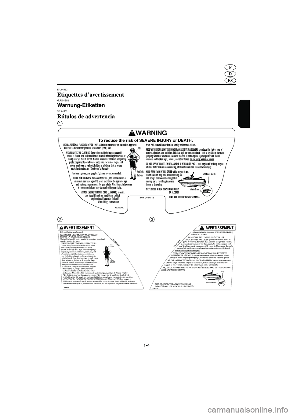 YAMAHA XL 700 2003  Manuale de Empleo (in Spanish) 1-4
D
F
ES
FJU01352 
Etiquettes d’avertissement GJU01352 
Warnung-Etiketten 
SJU01352 
Rótulos de advertencia 
1
2
3
UF0M84A0.book  Page 4  Monday, August 5, 2002  1:23 PM 