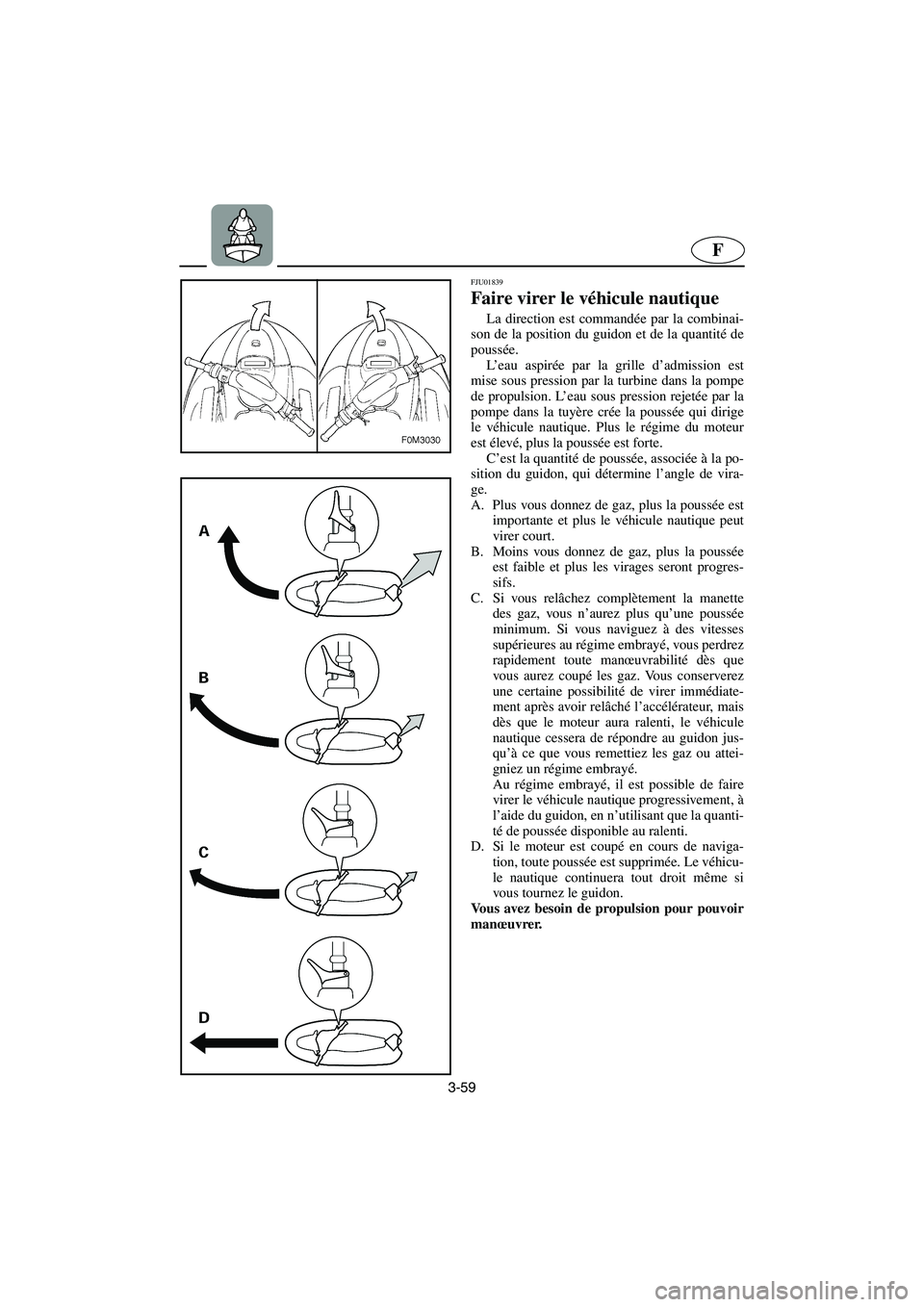 YAMAHA XL 700 2003 Manuale de Empleo (in Spanish) 3-59
F
FJU01839
Faire virer le véhicule nautique
La direction est commandée par la combinai-
son de la position du guidon et de la quantité de
poussée.
L’eau aspirée par la grille d’admis YAMAHA XL 700 2003 Manuale de Empleo (in Spanish) 3-59
F
FJU01839
Faire virer le véhicule nautique
La direction est commandée par la combinai-
son de la position du guidon et de la quantité de
poussée.
L’eau aspirée par la grille d’admis