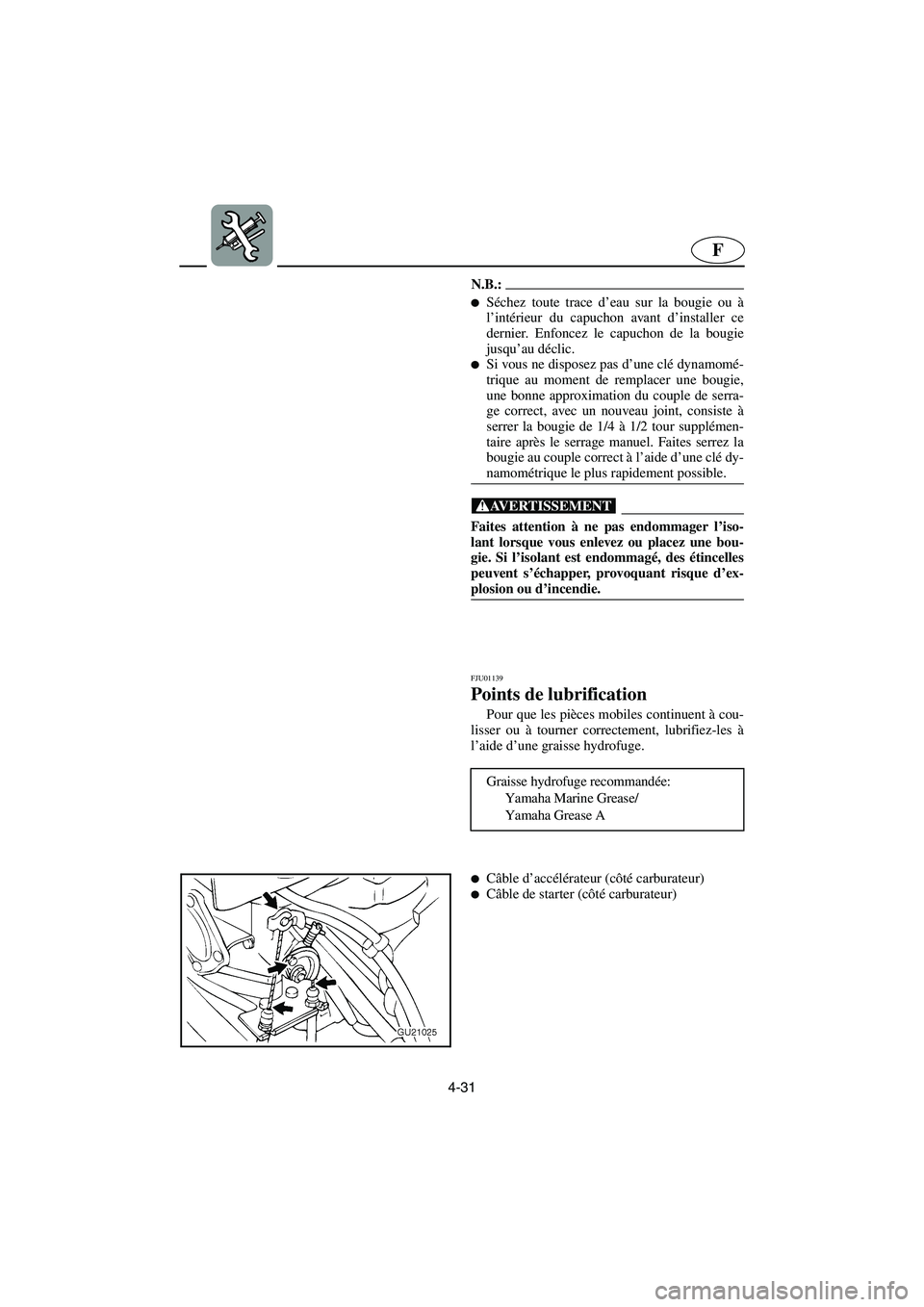 YAMAHA XL 700 2003 Manuale de Empleo (in Spanish) 4-31
F
N.B.:@ Séchez toute trace d’eau sur la bougie ou à
l’intérieur du capuchon avant d’installer ce
dernier. Enfoncez le capuchon de la bougie
jusqu’au déclic.
Si vous ne disposez pa YAMAHA XL 700 2003 Manuale de Empleo (in Spanish) 4-31
F
N.B.:@ Séchez toute trace d’eau sur la bougie ou à
l’intérieur du capuchon avant d’installer ce
dernier. Enfoncez le capuchon de la bougie
jusqu’au déclic.
Si vous ne disposez pa