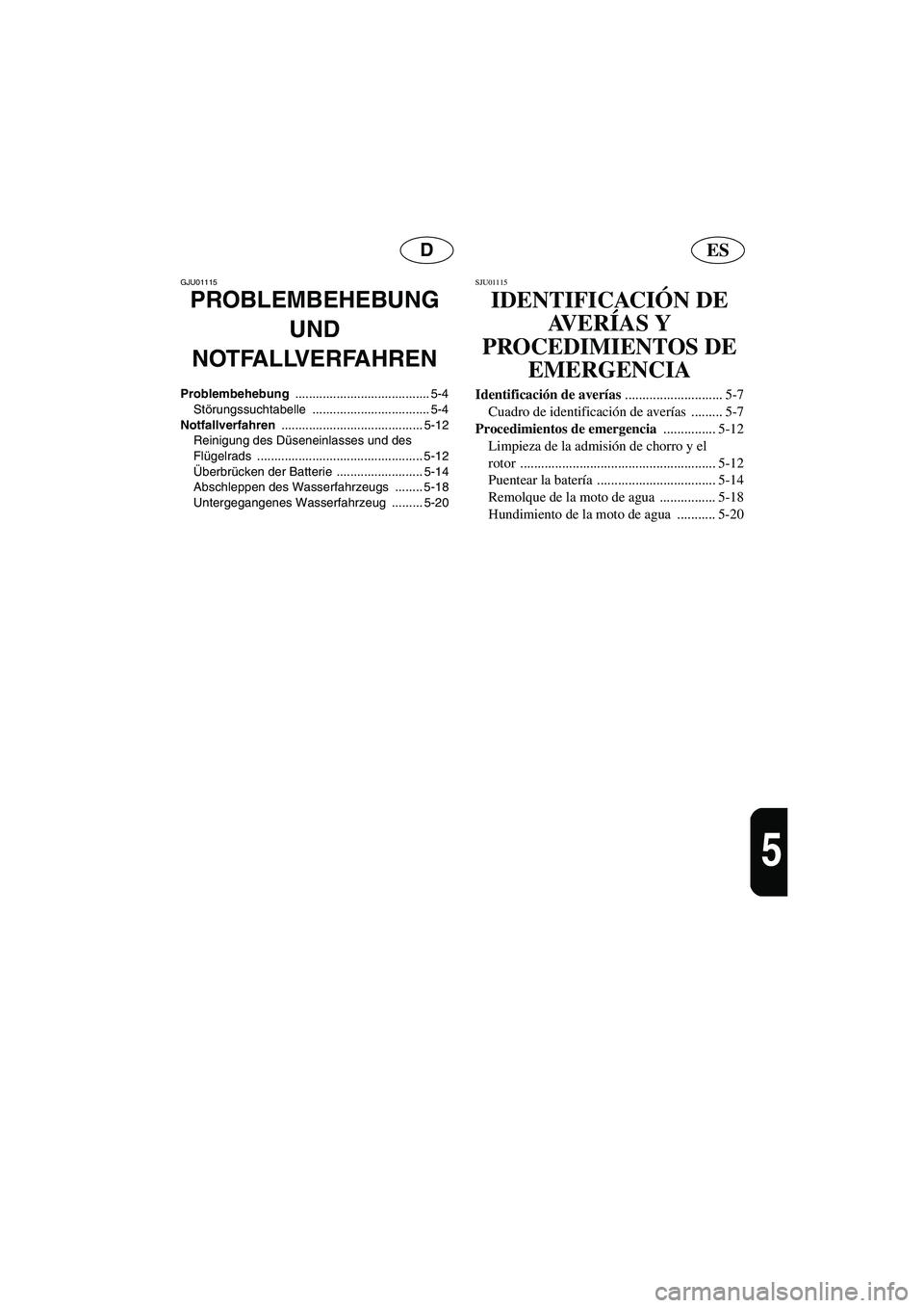 YAMAHA XL 700 2003 Manuale de Empleo (in Spanish) ESD
5
GJU01115
PROBLEMBEHEBUNG
UND
NOTFALLVERFAHREN
Problembehebung ....................................... 5-4
Störungssuchtabelle .................................. 5-4
Notfallverfahren ........ YAMAHA XL 700 2003 Manuale de Empleo (in Spanish) ESD
5
GJU01115
PROBLEMBEHEBUNG
UND
NOTFALLVERFAHREN
Problembehebung ....................................... 5-4
Störungssuchtabelle .................................. 5-4
Notfallverfahren ........