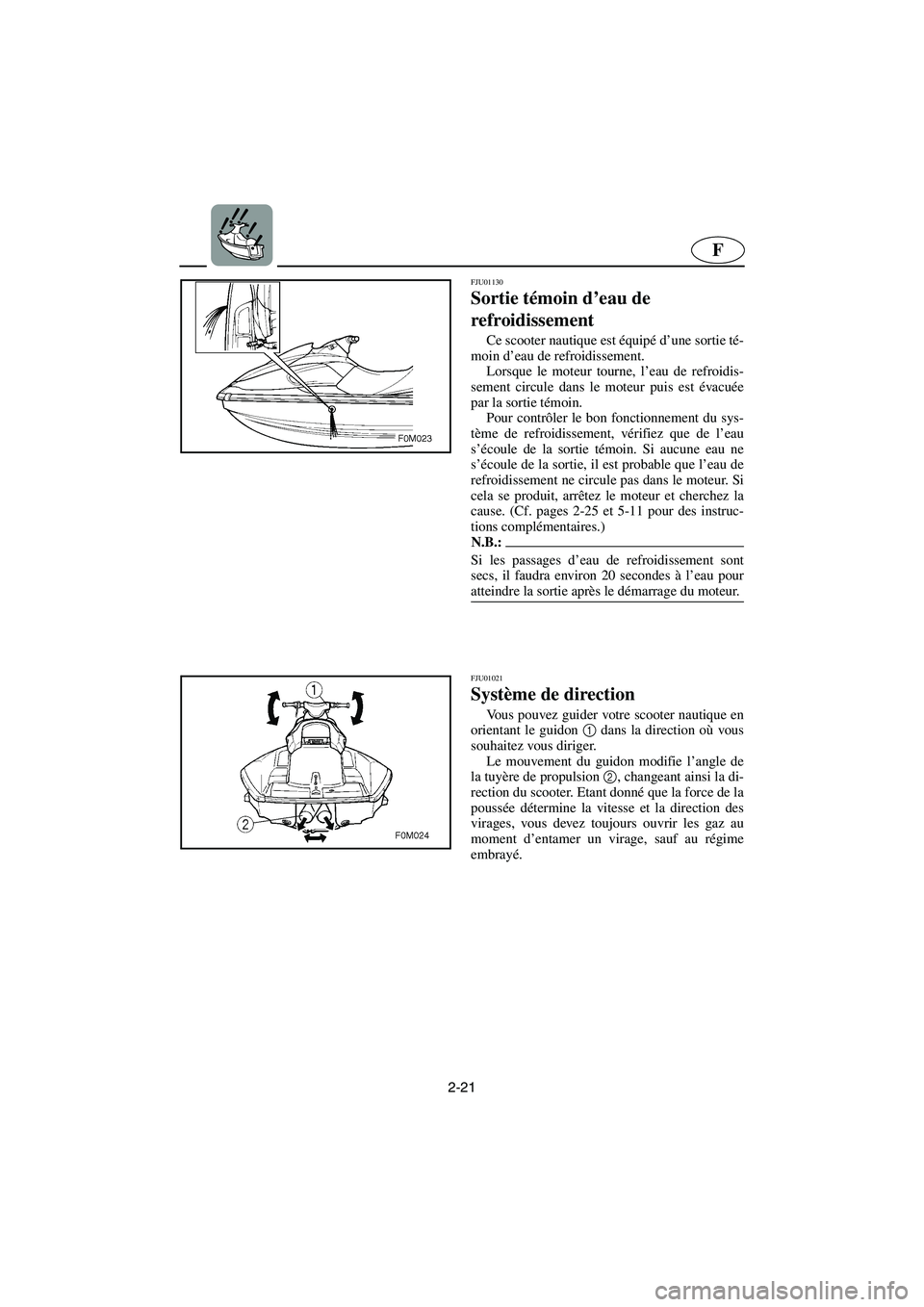 YAMAHA XL 700 2003  Manuale de Empleo (in Spanish) 2-21
F
FJU01130 
Sortie témoin d’eau de 
refroidissement  
Ce scooter nautique est équipé d’une sortie té-
moin d’eau de refroidissement. 
Lorsque le moteur tourne, l’eau de refroidis-
sem
