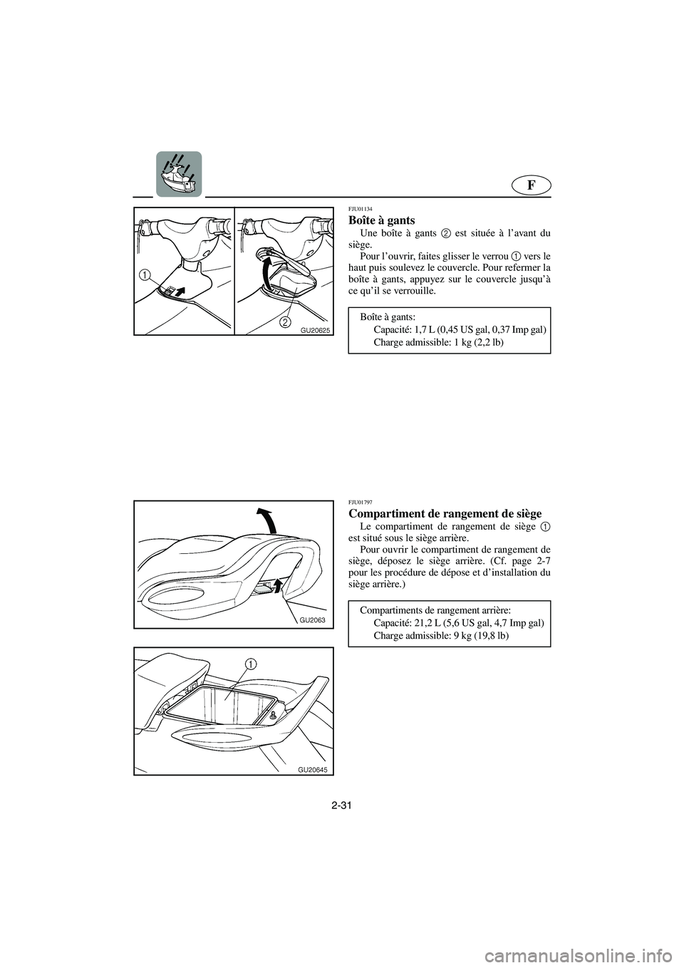 YAMAHA XL 700 2003  Manuale de Empleo (in Spanish) 2-31
F
FJU01134 
Boîte à gants  
Une boîte à gants 2
 est située à l’avant du
siège. 
Pour l’ouvrir, faites glisser le verrou 1
 vers le
haut puis soulevez le couvercle. Pour refermer la
bo
