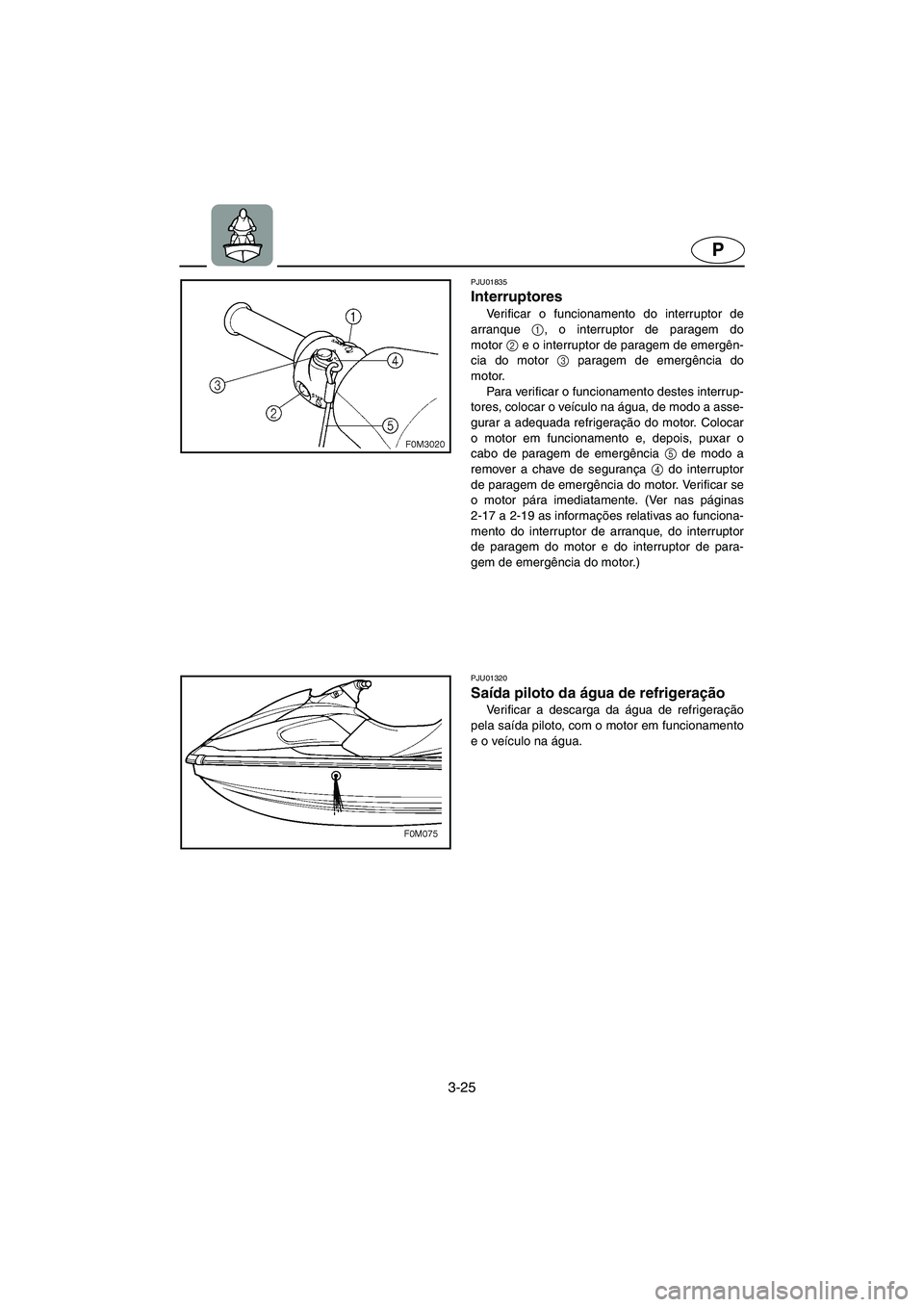 YAMAHA XL 700 2003  Manuale duso (in Italian) 3-25
P
PJU01835 
Interruptores  
Verificar o funcionamento do interruptor de
arranque 1
, o interruptor de paragem do
motor2
 e o interruptor de paragem de emergên-
cia do motor 3
 paragem de emergê