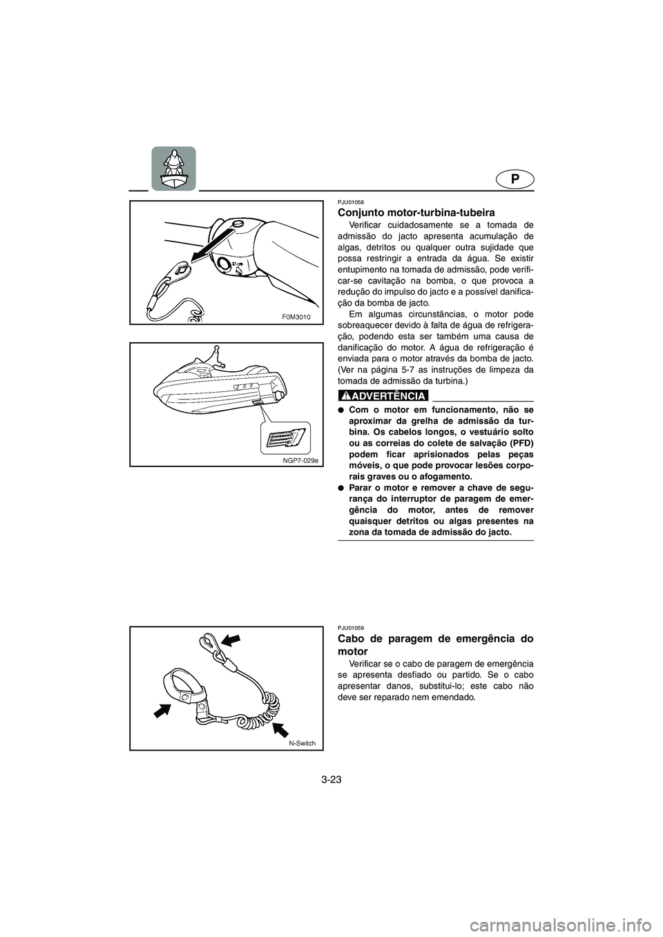 YAMAHA XL 700 2002 Manual de utilização (in Portuguese) 3-23
P
PJU01058
Conjunto motor-turbina-tubeira
Verificar cuidadosamente se a tomada de
admissão do jacto apresenta acumulação de
algas, detritos ou qualquer outra sujidade que
possa restringir a YAMAHA XL 700 2002 Manual de utilização (in Portuguese) 3-23
P
PJU01058
Conjunto motor-turbina-tubeira
Verificar cuidadosamente se a tomada de
admissão do jacto apresenta acumulação de
algas, detritos ou qualquer outra sujidade que
possa restringir a