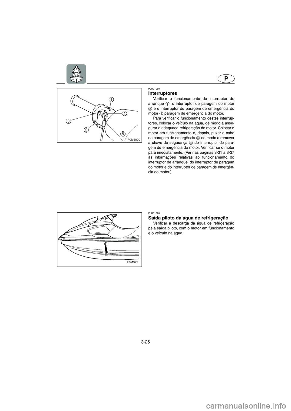 YAMAHA XL 700 2002  Manual de utilização (in Portuguese) 3-25
P
PJU01060 
Interruptores  
Verificar o funcionamento do interruptor de
arranque 1
, o interruptor de paragem do motor
2
 e o interruptor de paragem de emergência do
motor 3
 paragem de emergên