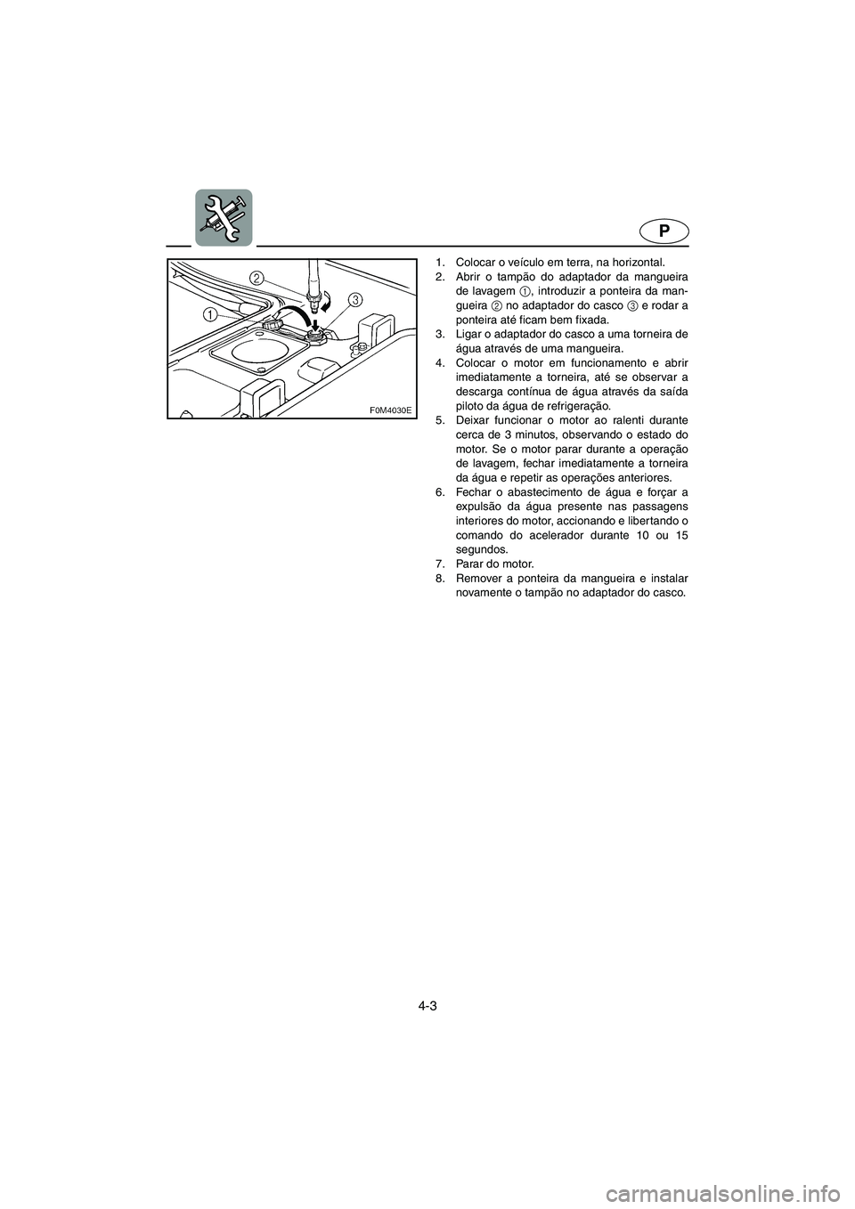 YAMAHA XL 700 2002 Manual de utilização (in Portuguese) 4-3
P
1. Colocar o veículo em terra, na horizontal.
2. Abrir o tampão do adaptador da mangueira
de lavagem 1
, introduzir a ponteira da man-
gueira 2
no adaptador do casco 3
e rodar a
ponteira at YAMAHA XL 700 2002 Manual de utilização (in Portuguese) 4-3
P
1. Colocar o veículo em terra, na horizontal.
2. Abrir o tampão do adaptador da mangueira
de lavagem 1
, introduzir a ponteira da man-
gueira 2
no adaptador do casco 3
e rodar a
ponteira at