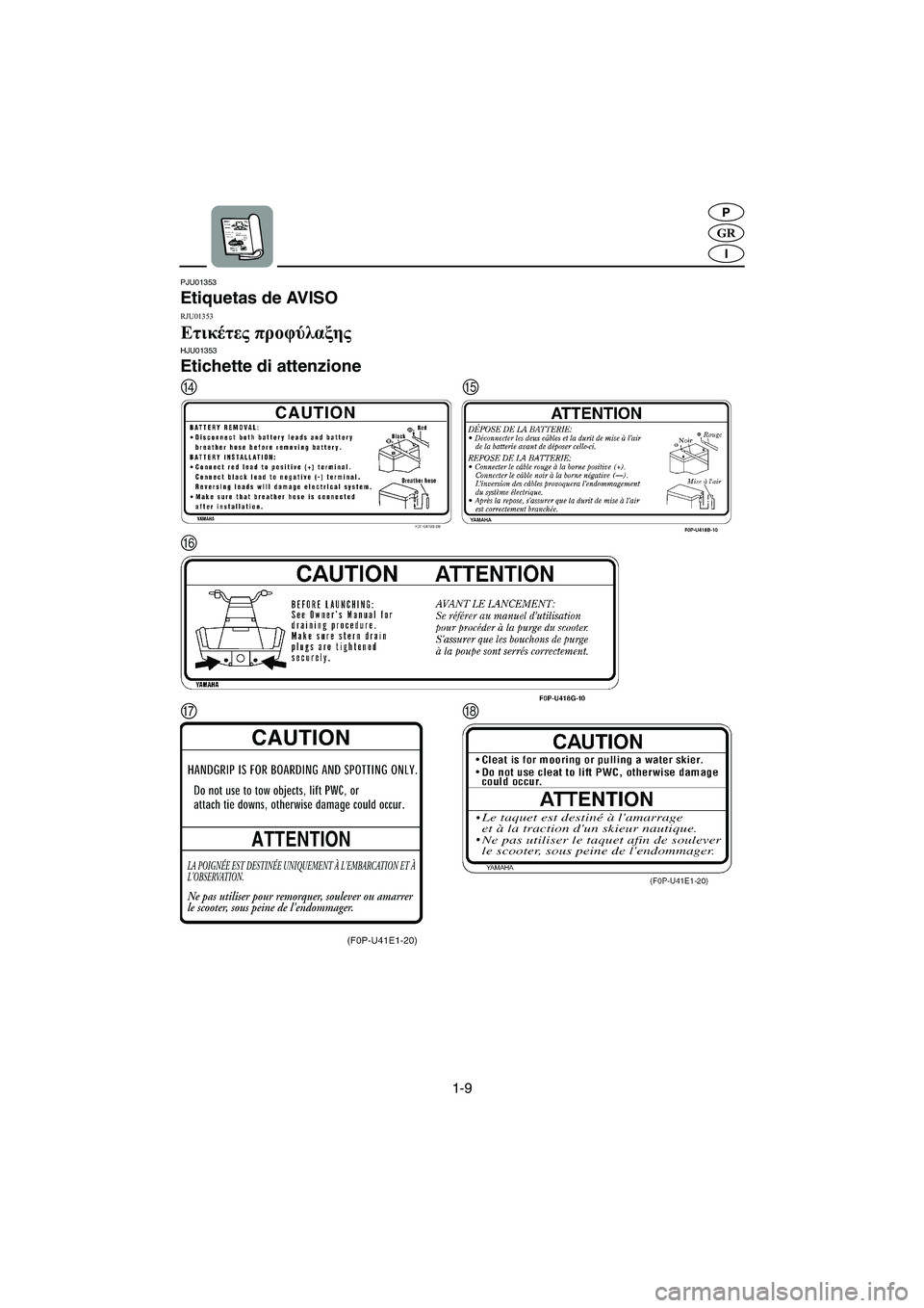 YAMAHA XL 700 2002  Manual de utilização (in Portuguese) 1-9
GR
P
I
PJU01353 
Etiquetas de AVISO 
RJU01353 
Ετικέτες προφύλαξης HJU01353 
Etichette di attenzione 
DE
F
GH
B_F0M-83.book  Page 9  Friday, August 3, 2001  3:35 PM 