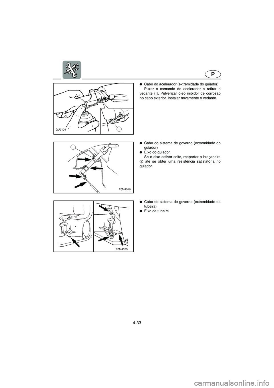 YAMAHA XL 700 2002  Manual de utilização (in Portuguese) 4-33
P
Cabo do acelerador (extremidade do guiador) 
Puxar o comando do acelerador e retirar o
vedante 1
. Pulverizar óleo inibidor de corrosão
no cabo exterior. Instalar novamente o vedante. 
Cabo
