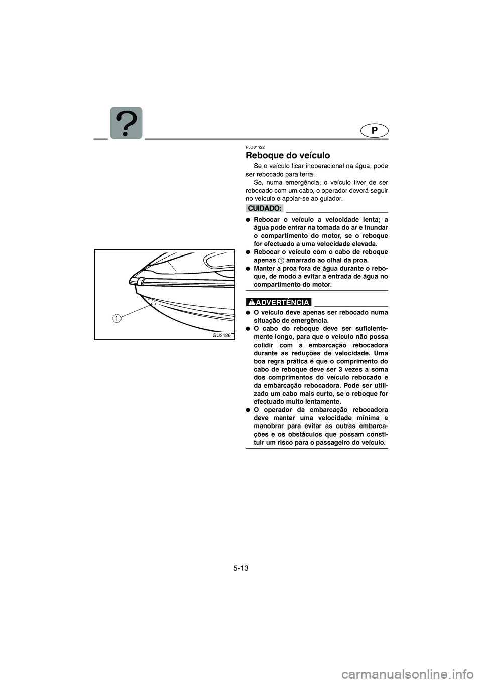 YAMAHA XL 700 2002 Manual de utilização (in Portuguese) 5-13
P
PJU01122
Reboque do veículo
Se o veículo ficar inoperacional na água, pode
ser rebocado para terra.
Se, numa emergência, o veículo tiver de ser
rebocado com um cabo, o operador deverá YAMAHA XL 700 2002 Manual de utilização (in Portuguese) 5-13
P
PJU01122
Reboque do veículo
Se o veículo ficar inoperacional na água, pode
ser rebocado para terra.
Se, numa emergência, o veículo tiver de ser
rebocado com um cabo, o operador deverá