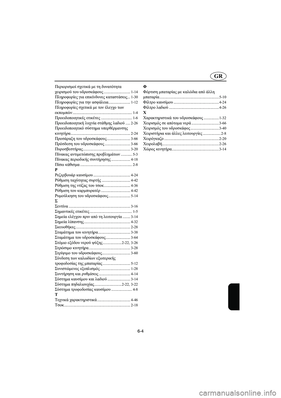 YAMAHA XL 700 2002 Manual de utilização (in Portuguese) 6-4
GR
Περιορισμοί σχετικά με τη δυνατότητα
χειρισμού του υδροσκάφους
............................1-14
Πληροφορίες για επικίν YAMAHA XL 700 2002 Manual de utilização (in Portuguese) 6-4
GR
Περιορισμοί σχετικά με τη δυνατότητα
χειρισμού του υδροσκάφους
............................1-14
Πληροφορίες για επικίν