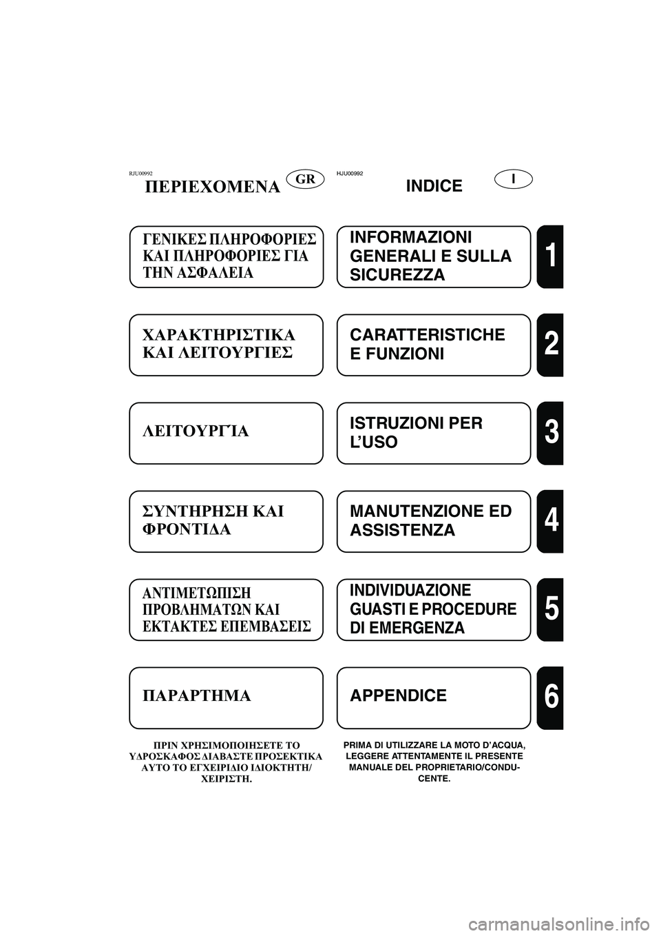 YAMAHA XL 700 2002  Manual de utilização (in Portuguese) GRIRJU00992 
ΠΕΡΙΕΧΟΜΕΝΑ
ΠΡΙΝ ΧΡΗΣΙΜΟΠΟΙΗΣΕΤΕ ΤΟ 
ΥΔΡΟΣΚΑΦΟΣ ΔΙΑΒΑΣΤΕ ΠΡΟΣΕΚΤΙΚΑ 
ΑΥΤΟ ΤΟ ΕΓΧΕΙΡΙΔΙΟ ΙΔΙΟΚΤΗΤΗ/
Χ