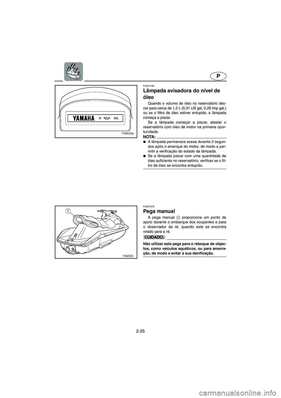 YAMAHA XL 700 2002  Manual de utilização (in Portuguese) 2-25
P
PJU01132 
Lâmpada avisadora do nível de 
óleo  
Quando o volume de óleo no reservatório des-
cer para cerca de 1,2 L (0,31 US gal, 0,26 Imp gal.)
ou se o filtro de óleo estiver entupido, 
