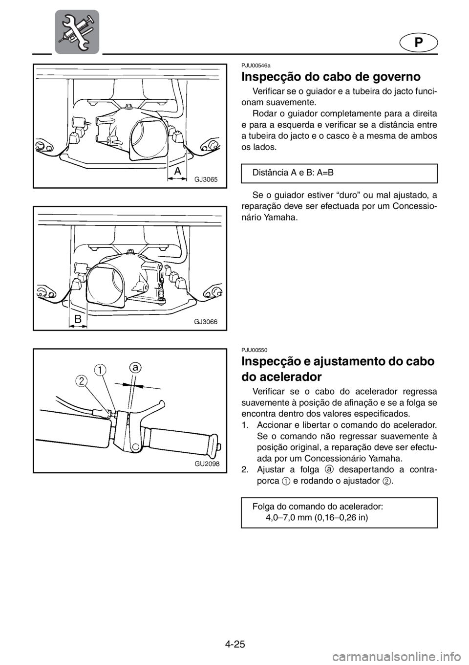 YAMAHA XL 700 2001  Manual de utilização (in Portuguese) 4-25
P
PJU00546a 
Inspecção do cabo de governo  
Verificar se o guiador e a tubeira do jacto funci-
onam suavemente. 
Rodar o guiador completamente para a direita
e para a esquerda e verificar se a 