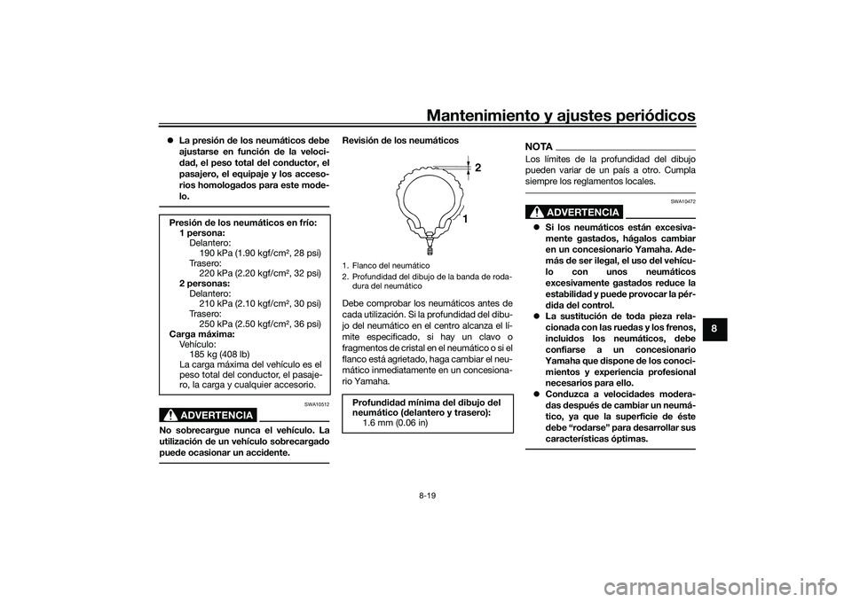YAMAHA XMAX 125 2022  Manuale de Empleo (in Spanish) Mantenimiento y ajustes periódicos8-19
8
 La presión  de los neumáticos  debe
ajustarse en función  de la veloci-
d ad , el peso total  del con ductor, el
pasajero, el equipaje y los acceso-
ri