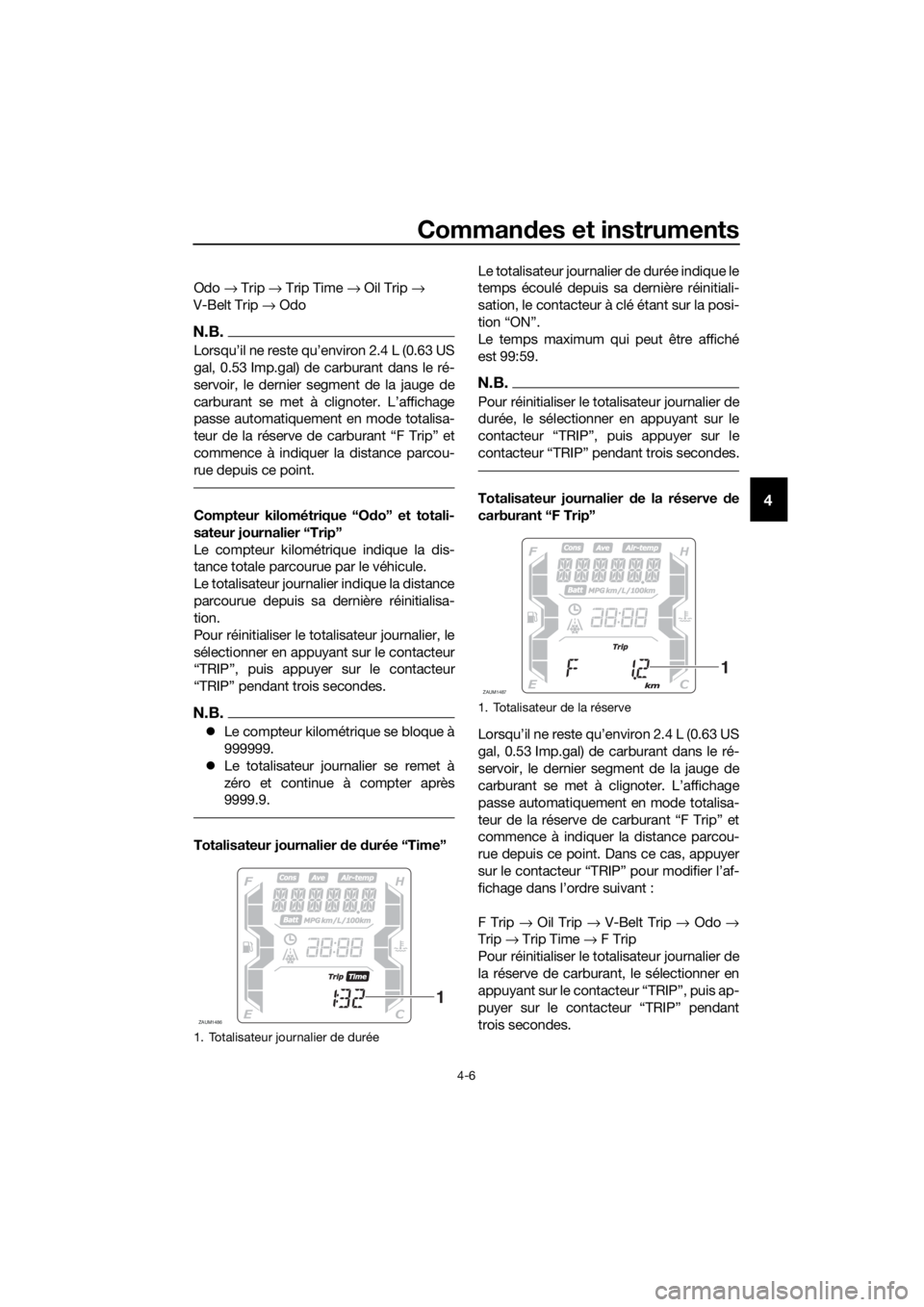 YAMAHA XMAX 125 2018  Notices Demploi (in French) Commandes et instruments
4-6
4
Odo → Trip → Trip Time → Oil Trip → 
V-Belt Trip → Odo
N.B.

gal, 0.53 Imp.gal) de carburant dans le ré-
servoir, le dernier segment de la jauge de

passe aut