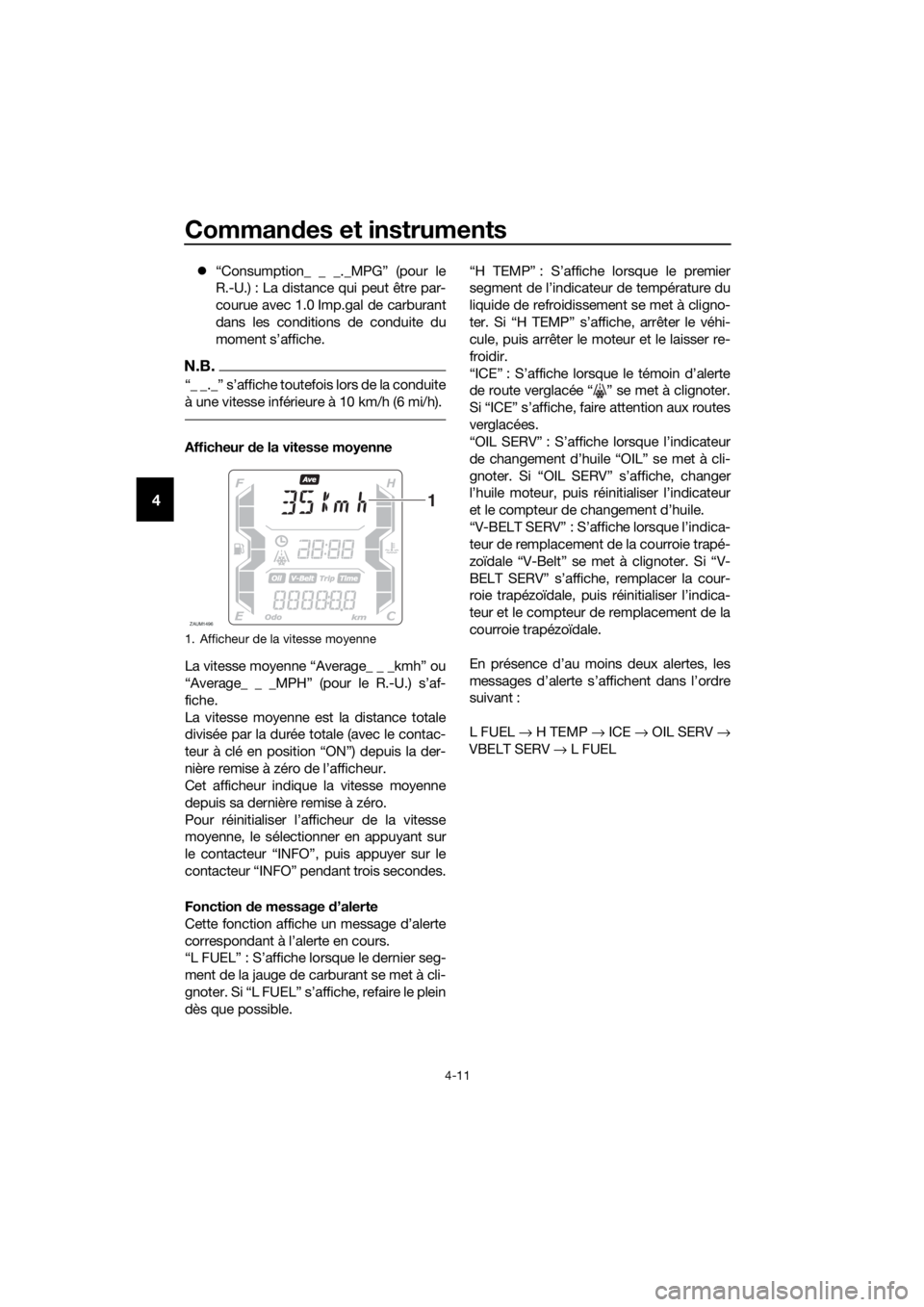YAMAHA XMAX 125 2018  Notices Demploi (in French) Commandes et instruments
4-11
4
“Consumption_ _ _._MPG” (pour le
R.-U.) : La distance qui peut être par-
courue avec 1.0 Imp.gal de carburant
dans les conditions de conduite du
moment s’affi